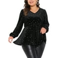 thumbnail image 1 of Blusas de mujer de tallas grandes Agnes Orinda, de terciopelo, con cuello en V, de manga larga, brillantes, con estrellas metálicas doradas, 3X, negras, 1 of 6