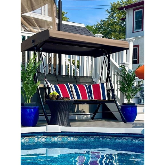 PURPLE LEAF 3 Seat Patio Swing Chair, Outdoor Porch Swing Glider with Adjustable Canopy, Side Pouches, Breathable Seat and Back, for Garden and Poolside, Khaki