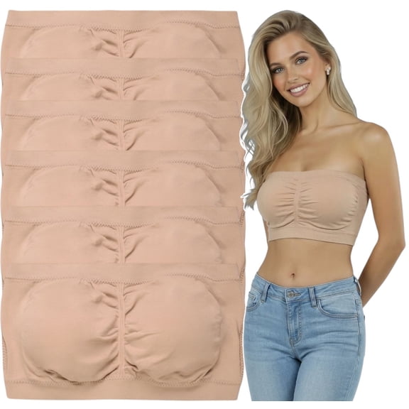 ToBeInStyle Women's Pack of 3 or 6 Seamless Classic Ruched Tube Top Bras w/ Removable Pads - 6 Pack: Beige - One Size Plus
