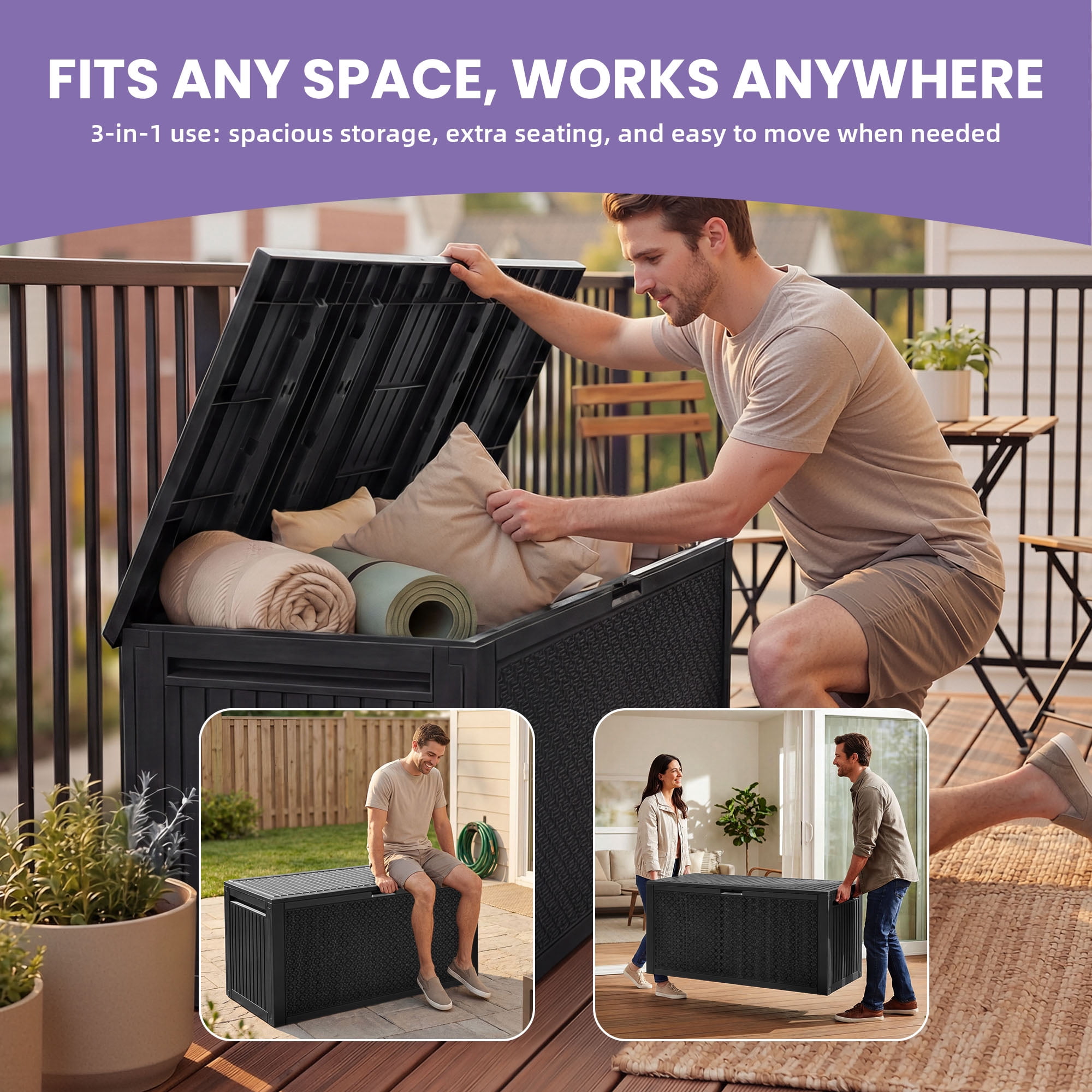 Uforic 90 Gallon Resin Outdoor Deck Box, Waterproof UV Resistant Lockable Storage Box with Handles, Black