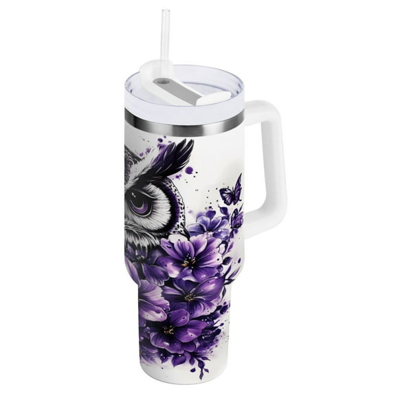 Ryvnso 40 oz Tumbler with Handle and Straw Insulated Stainless Steel Travel Mug with Lid Flowers Owl