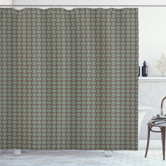 Brown and Blue Shower Curtain, Retro Grid Composition with Vertical and Horizontal Lines, Fabric Bathroom Set with Hooks, 69W X 75L Inches Long, Chesnut Brown and Pale Blue, by Ambesonne
