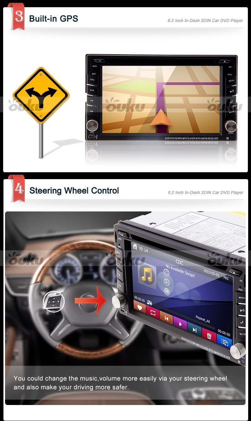 Audio In Dash Head Unit USB Radio GPS Navigation Receiver Video Bluetooth Car  Stereo Autoradio FM AM SD 2 Din Car DVD Player PC System LCD Screen 6.2Inch  ...