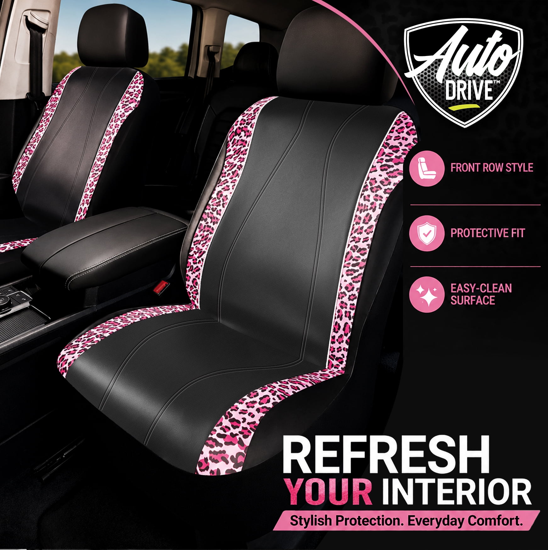Auto Drive Car Seat Covers, Pink Leopard Print Car Seat Covers with Rhinestone Trim, Fashion Front Seat Covers, Universal Fit, Airbag Compatible for Cars, SUVs and Trucks.