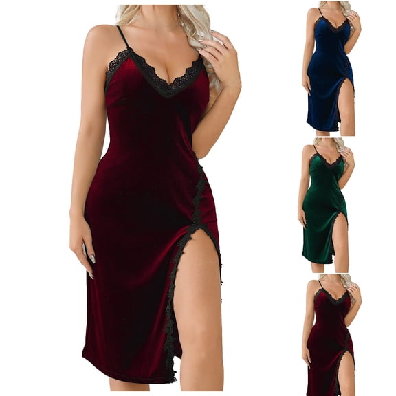 FRSASU Women's Nightgown V Neck Chemise Sleepwear Velvet Lace Nightwear Soft Suspender Dress for Women Wine