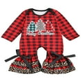 thumbnail image 1 of Baby Girls Christmas Romper Long Sleeve Red Plaid Cow Head  Tree Wide Leg Ruffle Jumpsuit Outfits, 1 of 3
