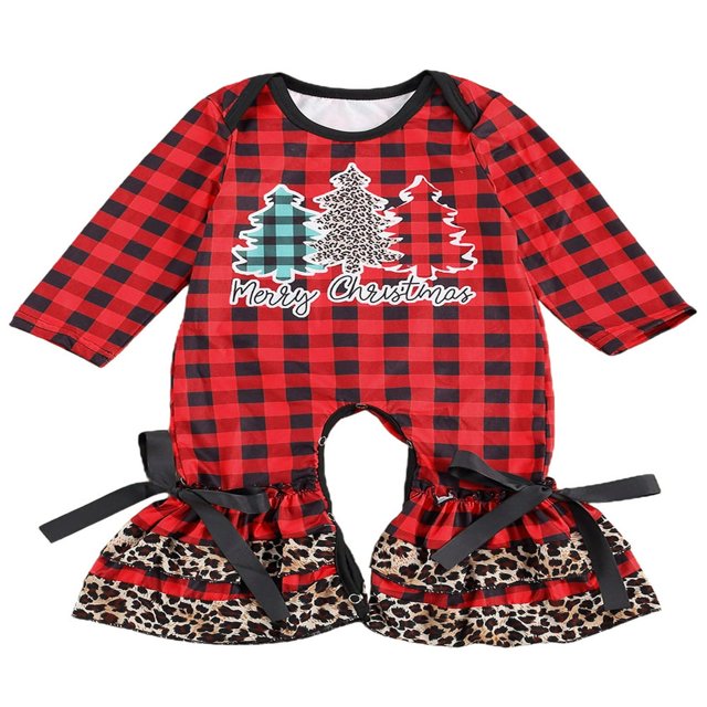 Baby Girls Christmas Romper Long Sleeve Red Plaid Cow Head Tree Wide Leg Ruffle Jumpsuit Outfits