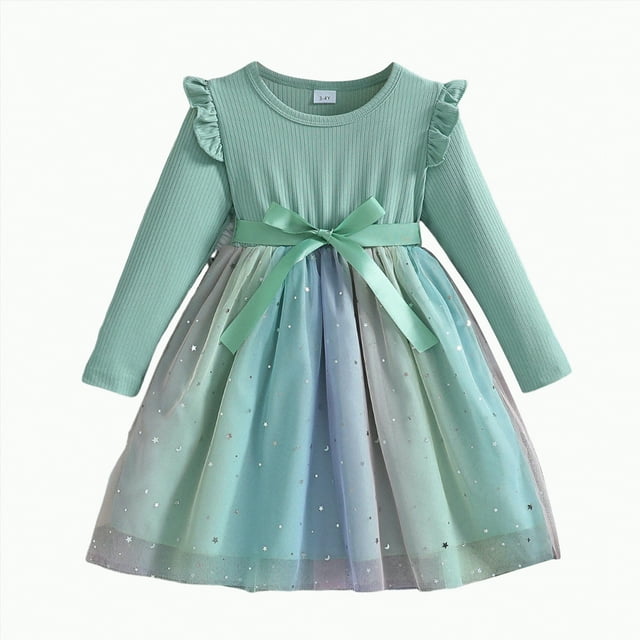 Zanarzt Robe de Concours pour Bébé Fille Robe Tutu pour Enfants Robe de Fête à Manches Longues en Chiffon pour Petite Fille Automne et Hiver Vert, 3-4 Ans