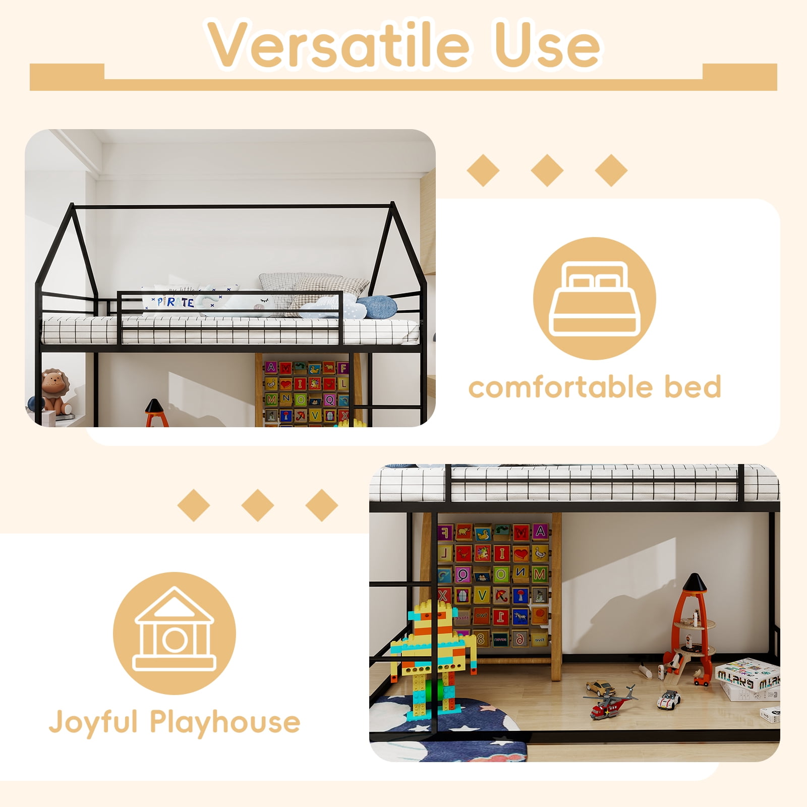 Yoneston Kids Twin Over Twin House Bunk Bed, Metal Twin Size Bunk Bed with Full-Length Guardrail and Ladder for Boys Girls Teens, Easy Assembly, Black