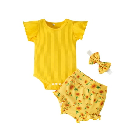 

ZIYIXIN 3Pcs Newborn Toddler Baby Girl Casual Outfits Ribbed Short Sleeve Romper Bodysuit + Floral Shorts + Headband Set Yellow 18-24 Months
