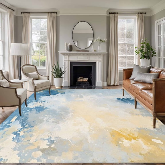 Blue Yellow Large Area Rug 8x10 FT, Non Slip Living Room Throw Carpet, Modern Vintage Oil Painting Abstract Washable Soft Indoor Outdoor Carpet Non-Shedding Rug for Bedroom Dining Room