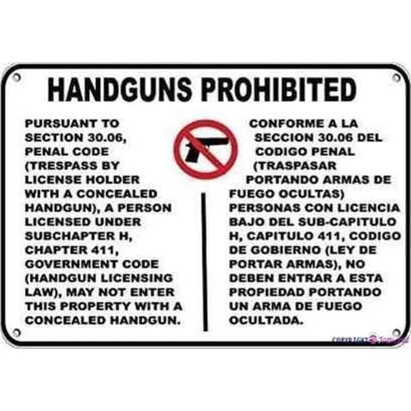 Warning Plaque HandProhibited Pursuantto Section 30.06 Security Sign Courtyard Decoration, Office For Outdoor & Indoor 8 X 12 Inch