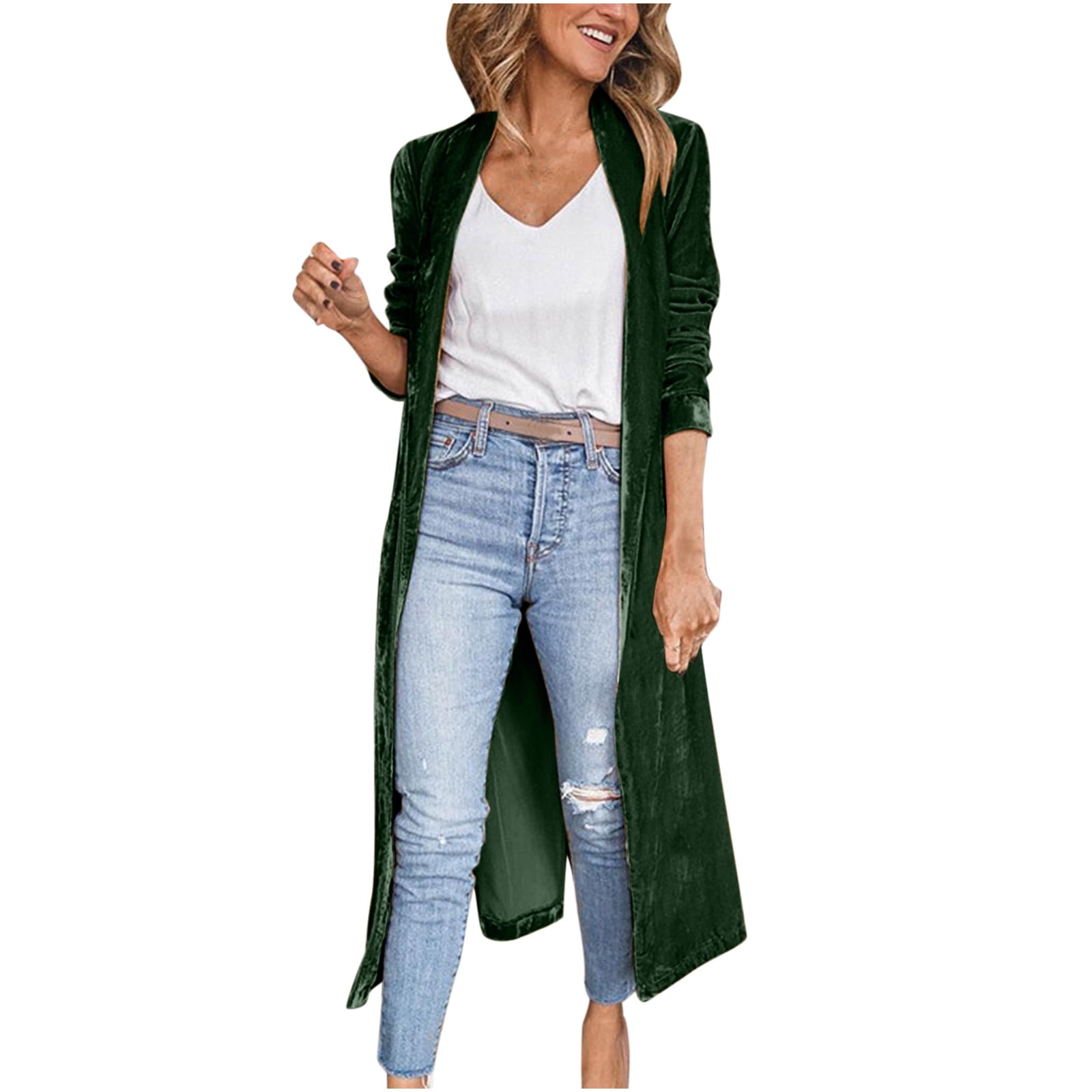 Women's Long Velvet Cardigan Jacket Lapel Collar Open Front Cardigan Sweater Long Sleeve
