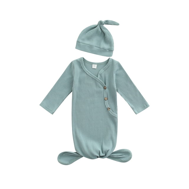 Diconna 0-3 Months Newborn Baby Sleeping Bag Hat Set Ribbed Solid Color Long Sleeves Wearable Blankets Sleep Sack