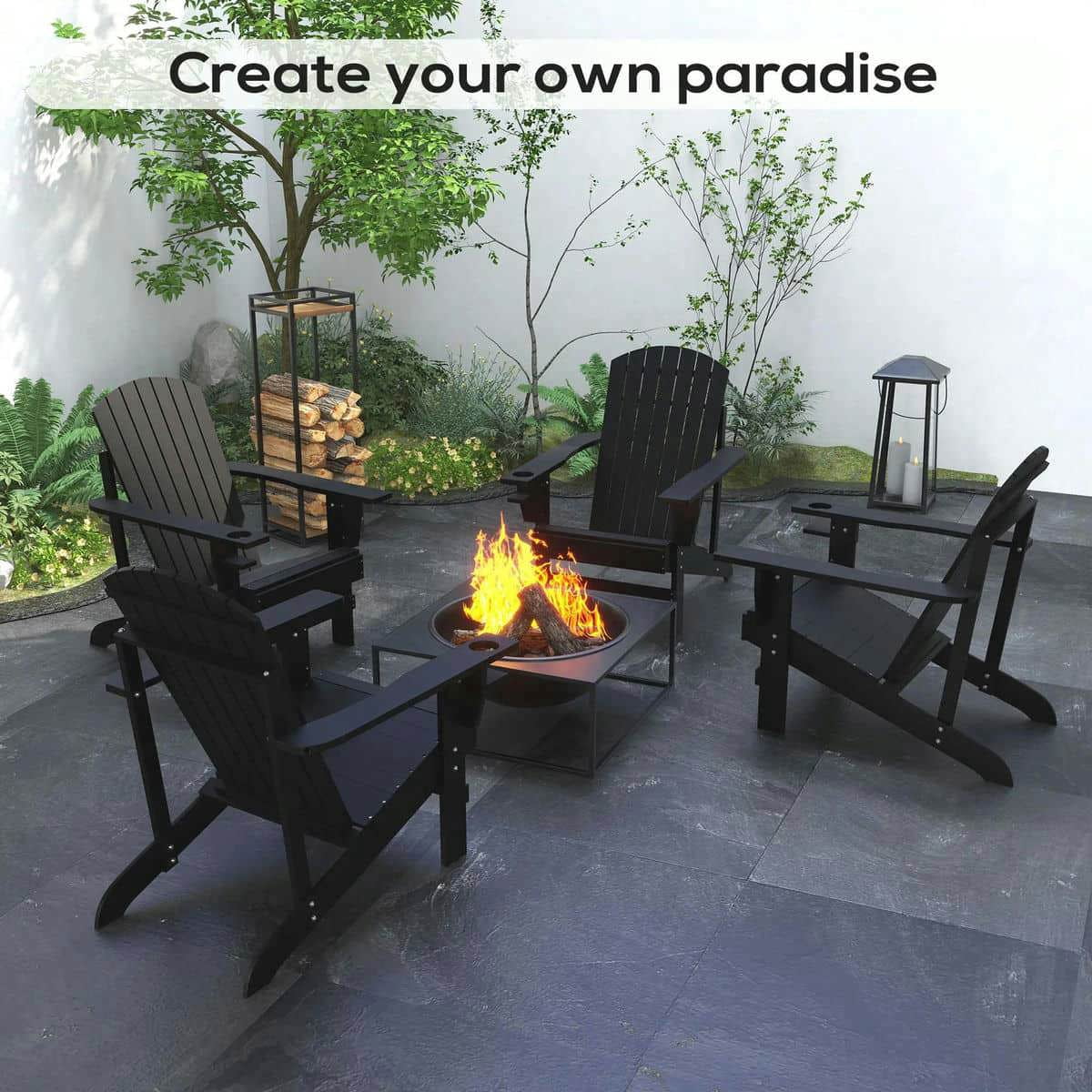 YYAo Patio Chairs, Patio Adirondack Chairs,Oversized Adirondack Chair, Outdoor Fire Pit and Porch Seating, Classic Log Lounge w/ Built-in Cupholder, Black