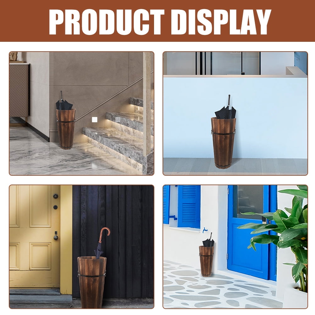 BESTONZON Wooden Umbrella Stand Brown with Cane and Fan Holder for Home Entryway