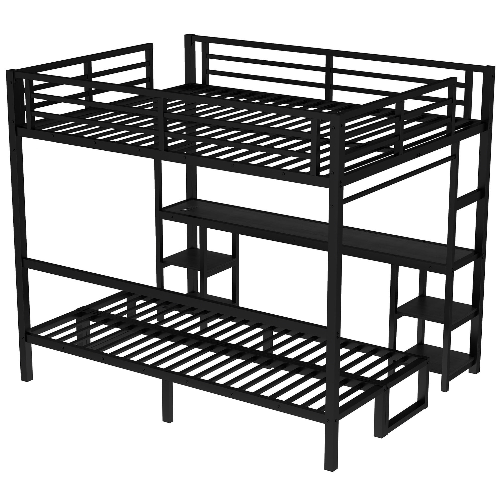 Bunk Bed with Desk, Queen over Twin XL Metal Bed, Loft Bed with Folding Sofa, LED Lights, USB, Storage Shelves, Folding Design, Black for Kids Bedroom Shared Room