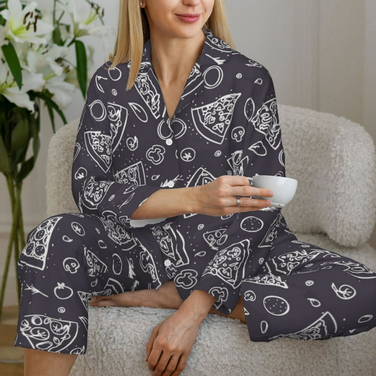 Pajama Sets for Women 2 Pcs Cute Retro Pizza Button Down Long Sleeve Sleepwear Lounge PJ Sets