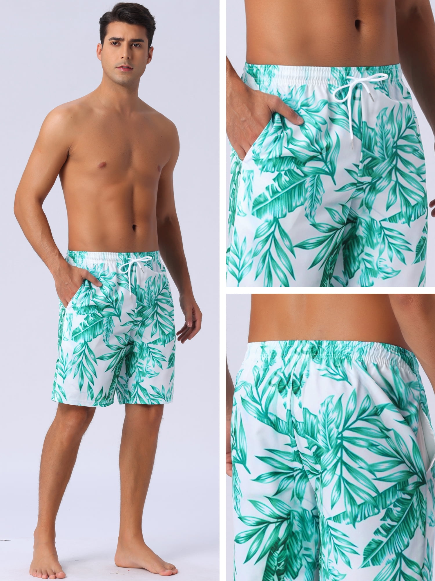 DARING DIVA Men's Floral Print Elastic Waist Drawstring Hawaiian Beach Swim Shorts 38 Green White