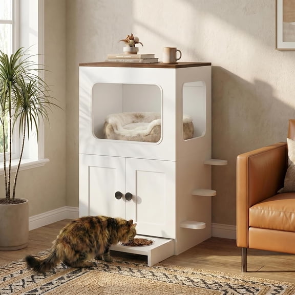 2-Tier Wood Cat House with Storage, Raised Bowls for Indoor Cats, Pull-Out Feeding Station & Cat Condo, Includes 2 Stainless Bowls