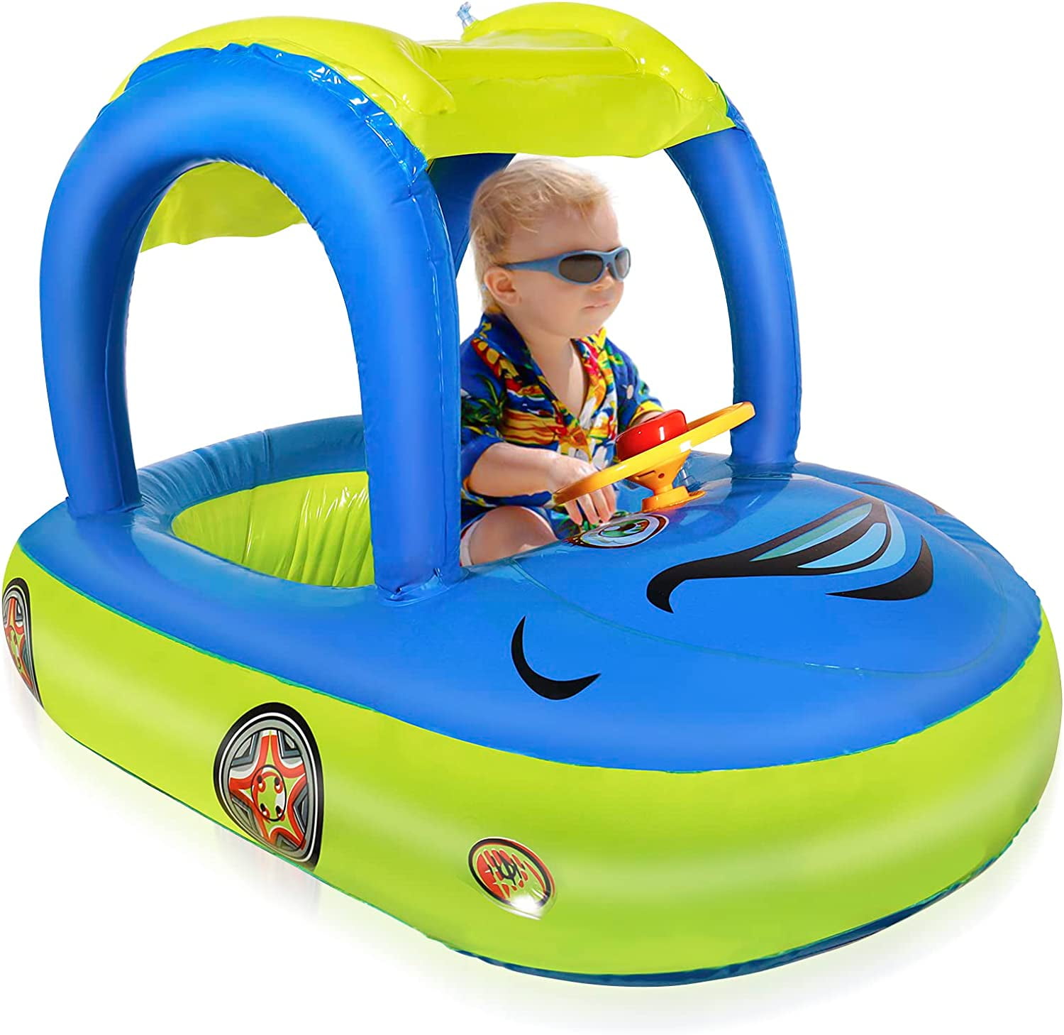 Baby Inflatable Pool Float with Sun Protection Canopy，Car Shaped Babies