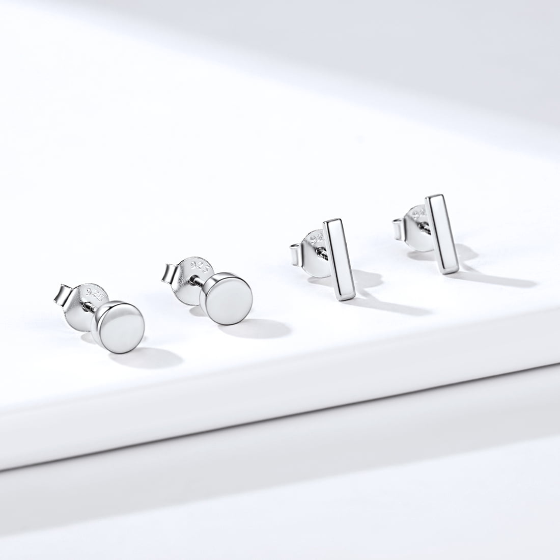 ChicSilver 2 Pairs 925 Sterling Silver Bar Stud Earrings for Women Cute Dot Stud Earring Set Hypoallergenic Small Round Earring Studs Set for Sensitive Ears