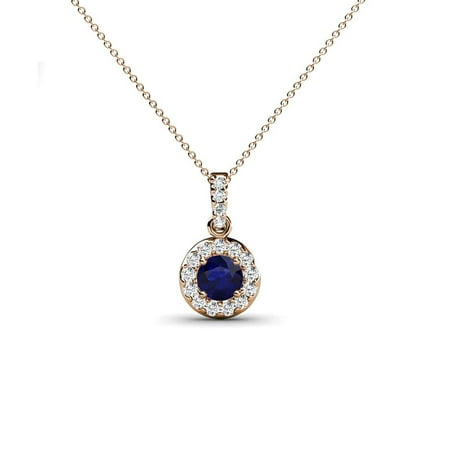 Blue Sapphire Diamond Necklace - Blue Sapphire and Diamond(SI2-I1,G-H) Halo Circle Pendant 0.54 Carat tw in 14K Rose Gold with 14K Gold Chain.