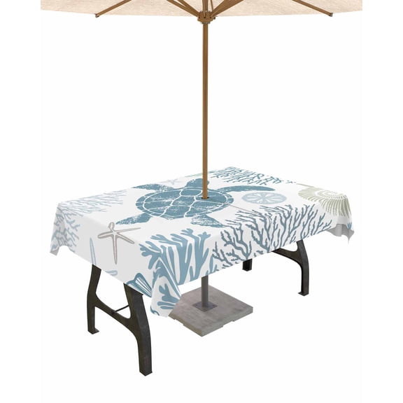 nqOlkjepod Teal Blue Coastal Turtle Outdoor Tablecloth with Umbrella Hole & Zipper, Ocean Coral Nautical Rectangle Table Cover 60x102 Inch, Dining Waterproof Table Cloth Protector for Patio/Party
