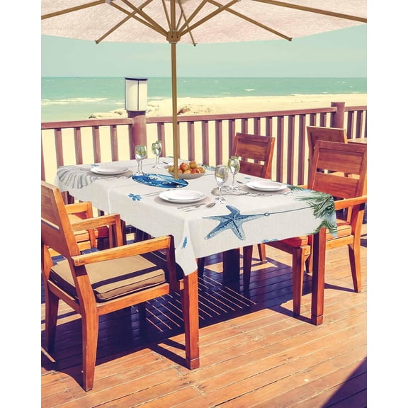 Blue Coastal Christmas Outdoor Tablecloth - 54x80 Inch Rectangle Dining Table Cover, Xmas Botanical Starfish Rustic Waterproof Outdoor Table Cloth with Umbrella Hole & Zipper for Picnic