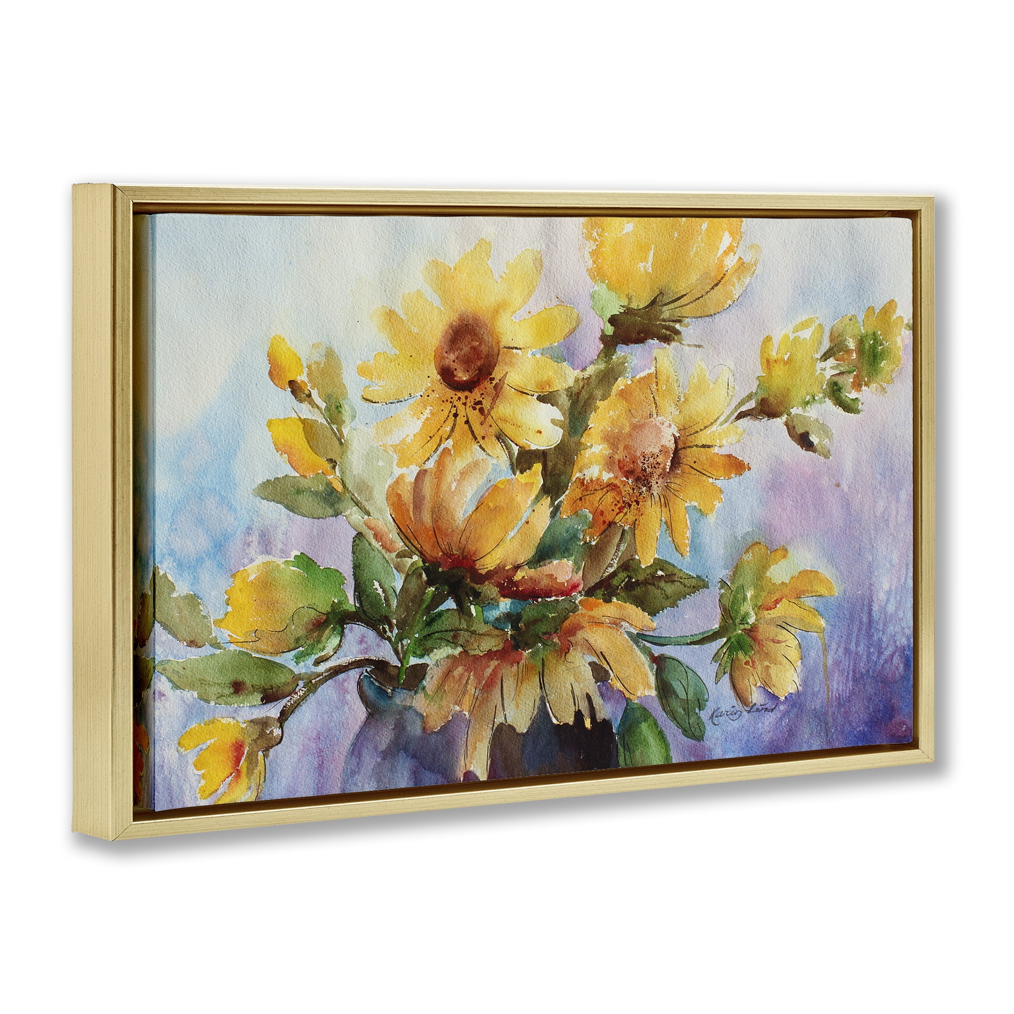 Stupell Industries Watercolor Daisies Vase Botanical & Floral Painting Gold Floater Framed Art Print Wall Art, 31 x 21