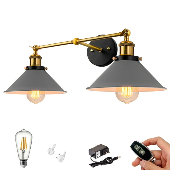 Kiven Battery Operated Wall Lamp, Industrial Black Wall Sconces, Warm White Wall Lighting Fixtures, 1-Light Vintage Wall Mounted Lamp for Living Room Bedroom Hallway E26 Socket, Grey