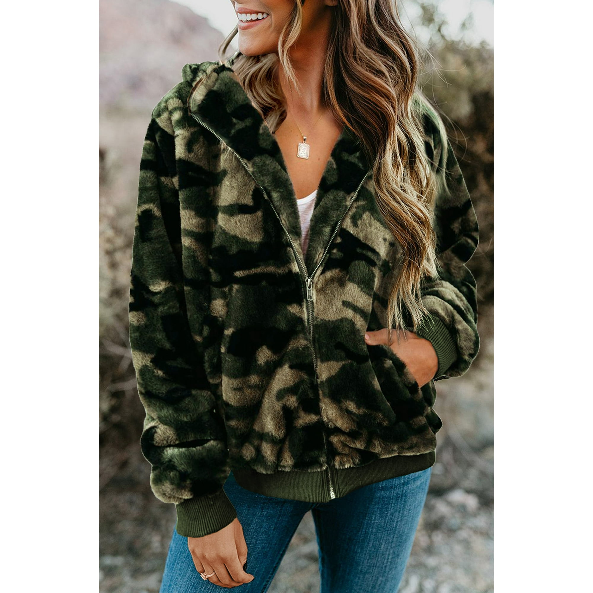 Women s Green Camo Print Zipper Fleece Hooded Coat with Pockets Walmart