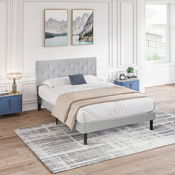 Grey Queen Size Upholstered Platform Bed Frame, No Box Spring, Wood Slat Support & Easy Assembly for Bedroom