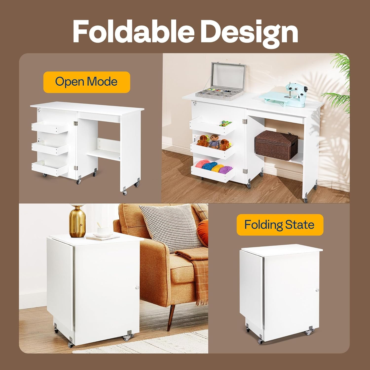 SPECSTAR Folding Sewing Craft Table, Rolling Sewing Machine Desk with Storage Shelves, Sewing Cabinet with Lift for Small Spaces, White