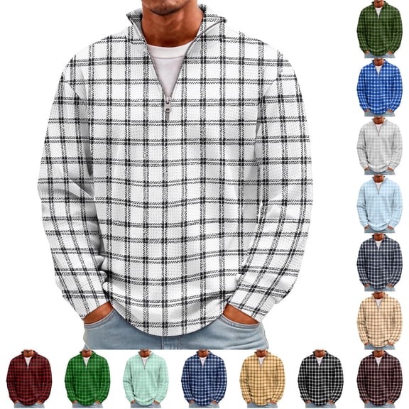 Men's Plaid Waffle Quarter Zip Pullover, Stand Collar Ribbed Cuffs Long Sleeve Top,Casual Grid Check Fall Daily Clothes Navy 3XL