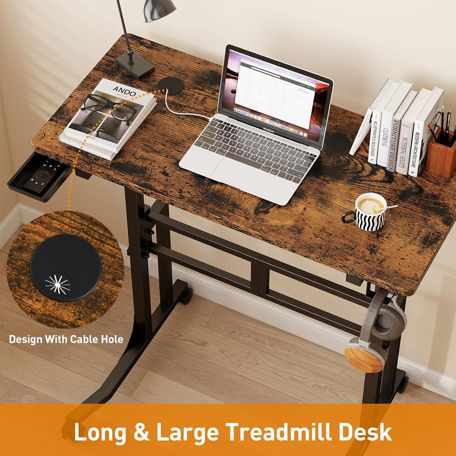 Standing Desk with Wheels Adjustable Treadmill Desk Rolling Bike Trainer Desk for Walking Pad Laptop Phone Standing Brown Ergonomic Home Office Workout Station