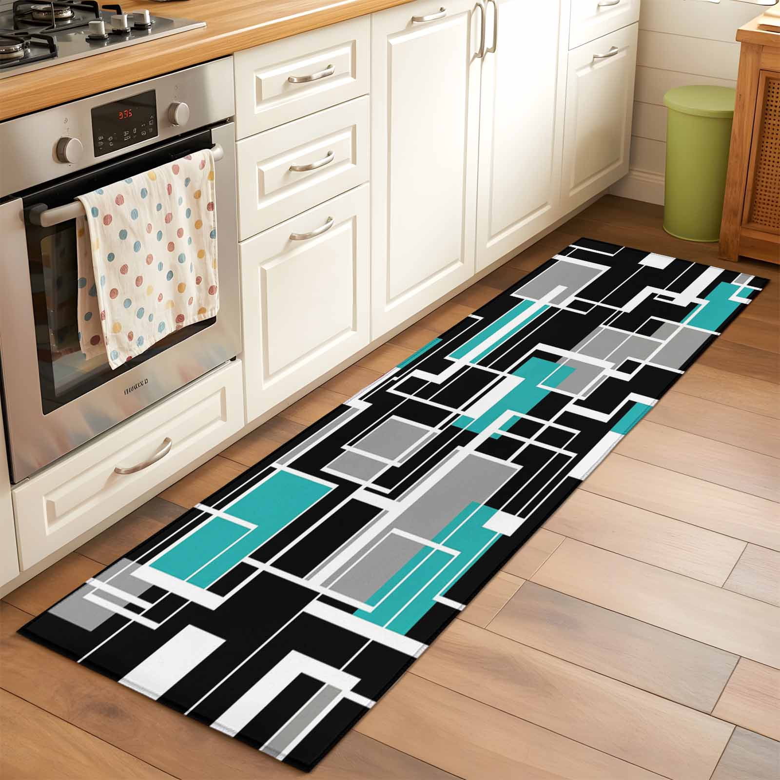 Teal Blue Black Geometric 2'x6' Runner Rugs for Hallway Kitchen Bedside Non Slip Washable, Modern Abstract Art Block Entryway Rug Runners with Rubber Backing, Long Carpet Runner for Laundry Room