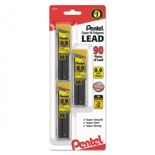 New Pentel Super Hi-Polymer Lead Refills, 0.9 mm, HB, Black, 30/Tube, 3 Tubes/Pack,Each