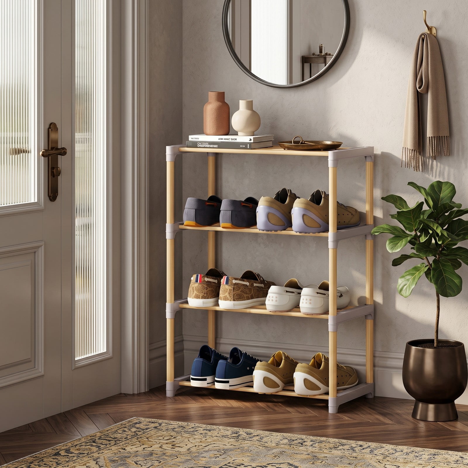 Furnibear 4-Tier Solid Pine Wood Shoe Rack with Slatted Open Shelves for Entryway Bedroom and Closet Storage, Natural and Gray