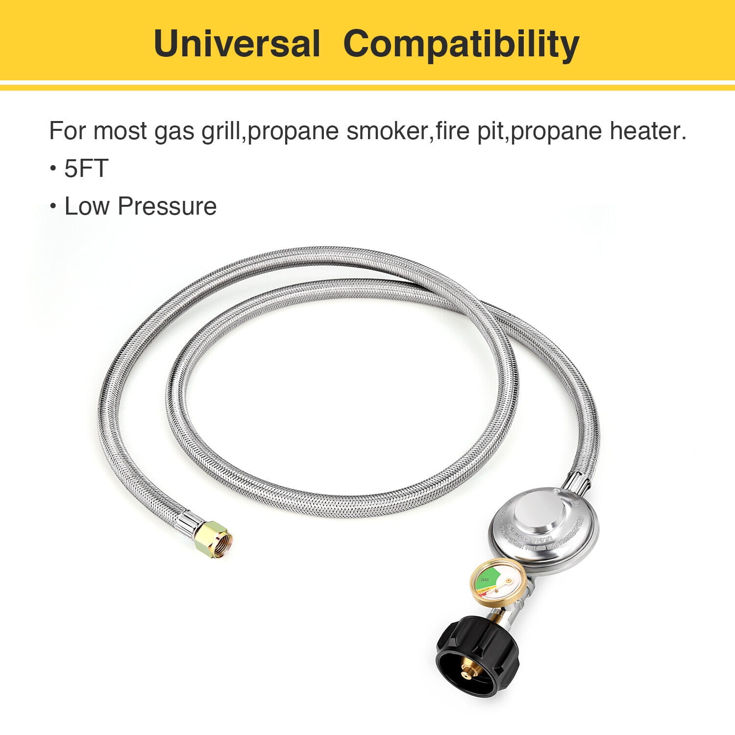 5 FT BBQ Grill Low Pressure Propane Regulator Hose with Gauge for Gas