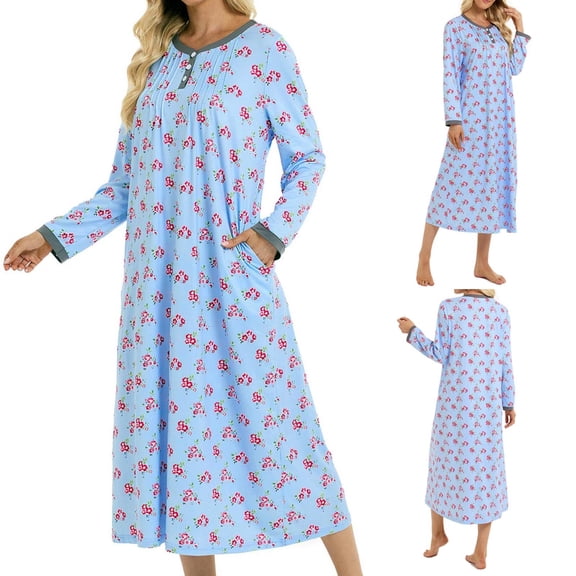 Taqqpue Long Nightgowns for Women Soft Cotton Scoop Neck Sleep Shirts Long Sleeve Sleepwear Dress Casual Printed Maxi Dress Summer Plus Size Dress for Women