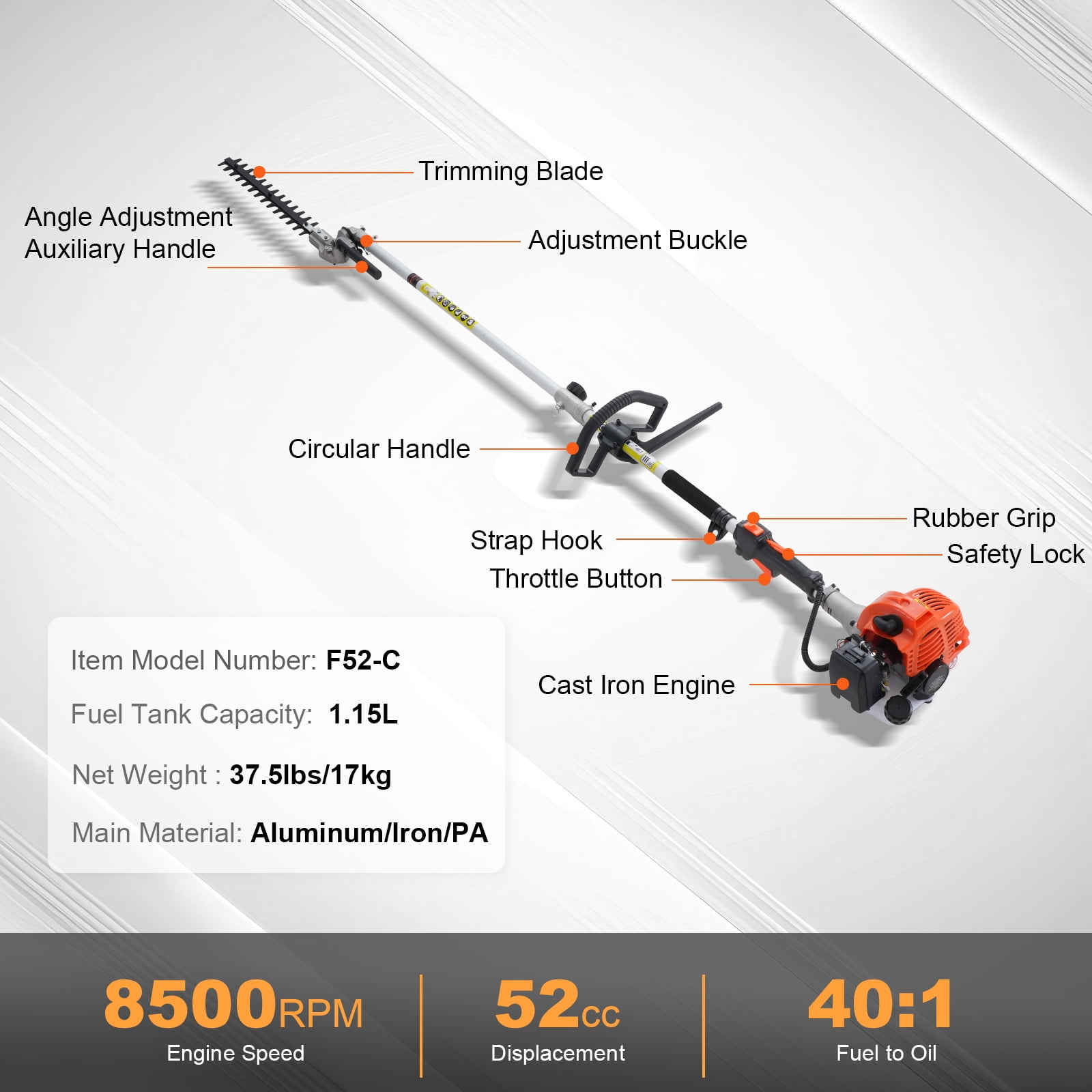 KFFKFF 52CC 6-in-1 Gas-Powered Multi-Tool for Landscaping, Hedge Trimmer, Weed Cutter, String Trimmer, Brush Cutter, Edger, and Pole Saw with Extension Pole