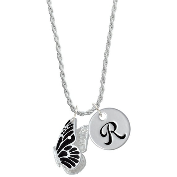 Delight Jewelry Silvertone Large Black Flying Butterfly Silvertone Script Initial Disc - R - Charm Necklace, 20"+3"