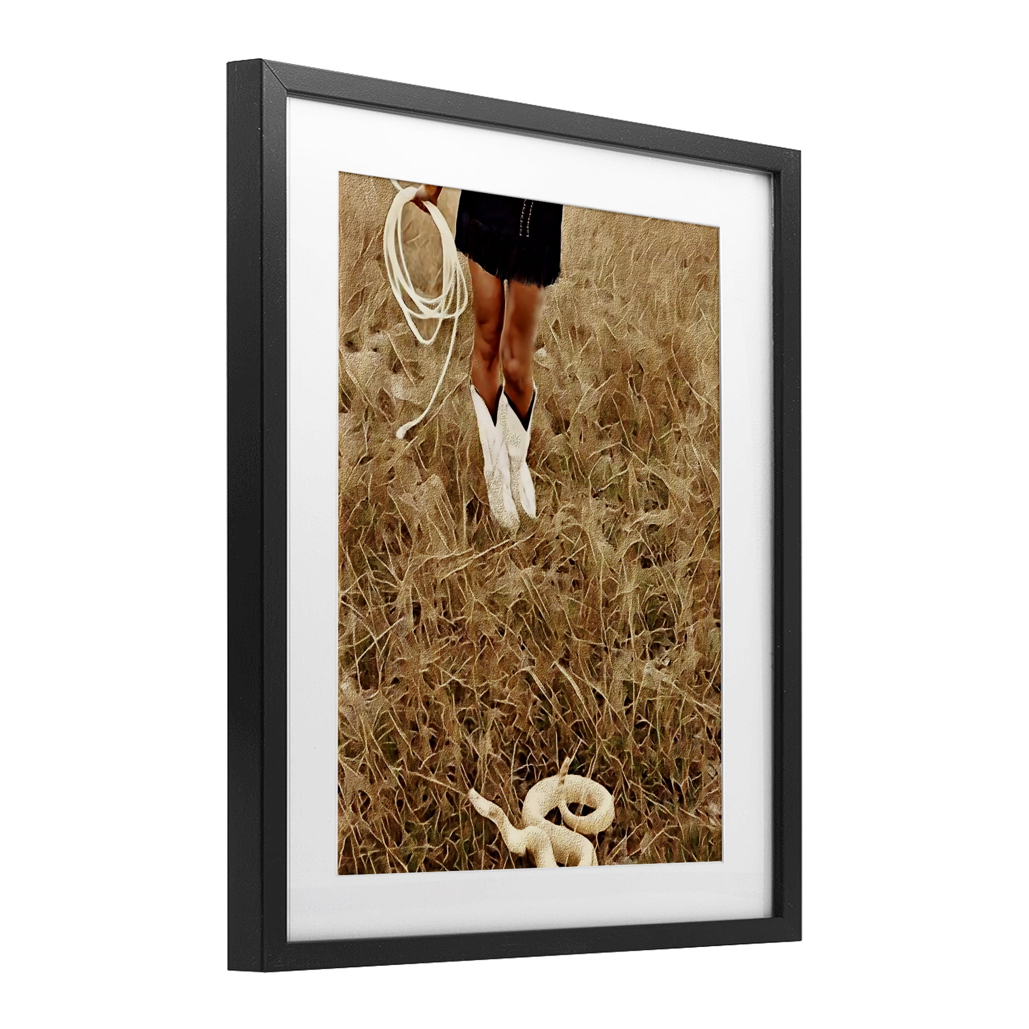 With Her Lasso & Snake Black Framed Print Under Glass, design by Jesse Keith