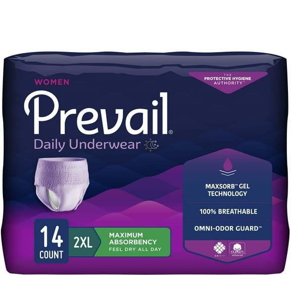 Prevail Daily Underwear Disposable Underwear Female Pull On with Tear Away Seams 2X-Large, PWC-517, Maximum, 14 Ct