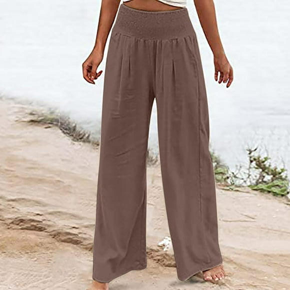 Jsaierl Women's Plus Size Cotton Linen Pants Summer Elastic Waist Pant Loose Fit Comfy Drawstring Trousers Lightweight Beach Pants