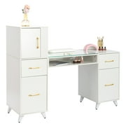 Zimtown 55L*19W*44H Makeup Nail Desk Modern Salon Manicure Table for Nail Tech Glass Top, White