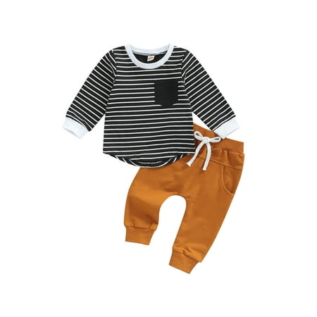 

Toddler Baby Boys Fall Winter Clothes Set Long Sleeve Striped Block T-shirt Top and Sweatsuit Pants 2PCs Outfit 0-3T