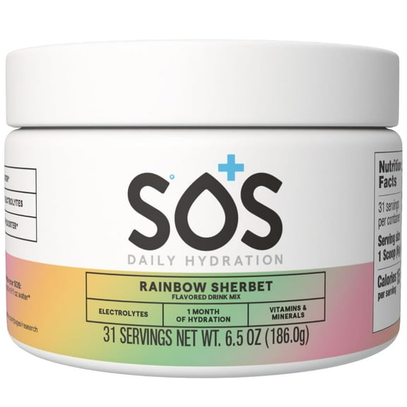 SOS Hydration Daily Electrolyte Drink Mix, Rainbow Sherbet, 31-Serving Tub, Low Sugar, Vitamins B6 B12 C D, Potassium Magnesium Zinc