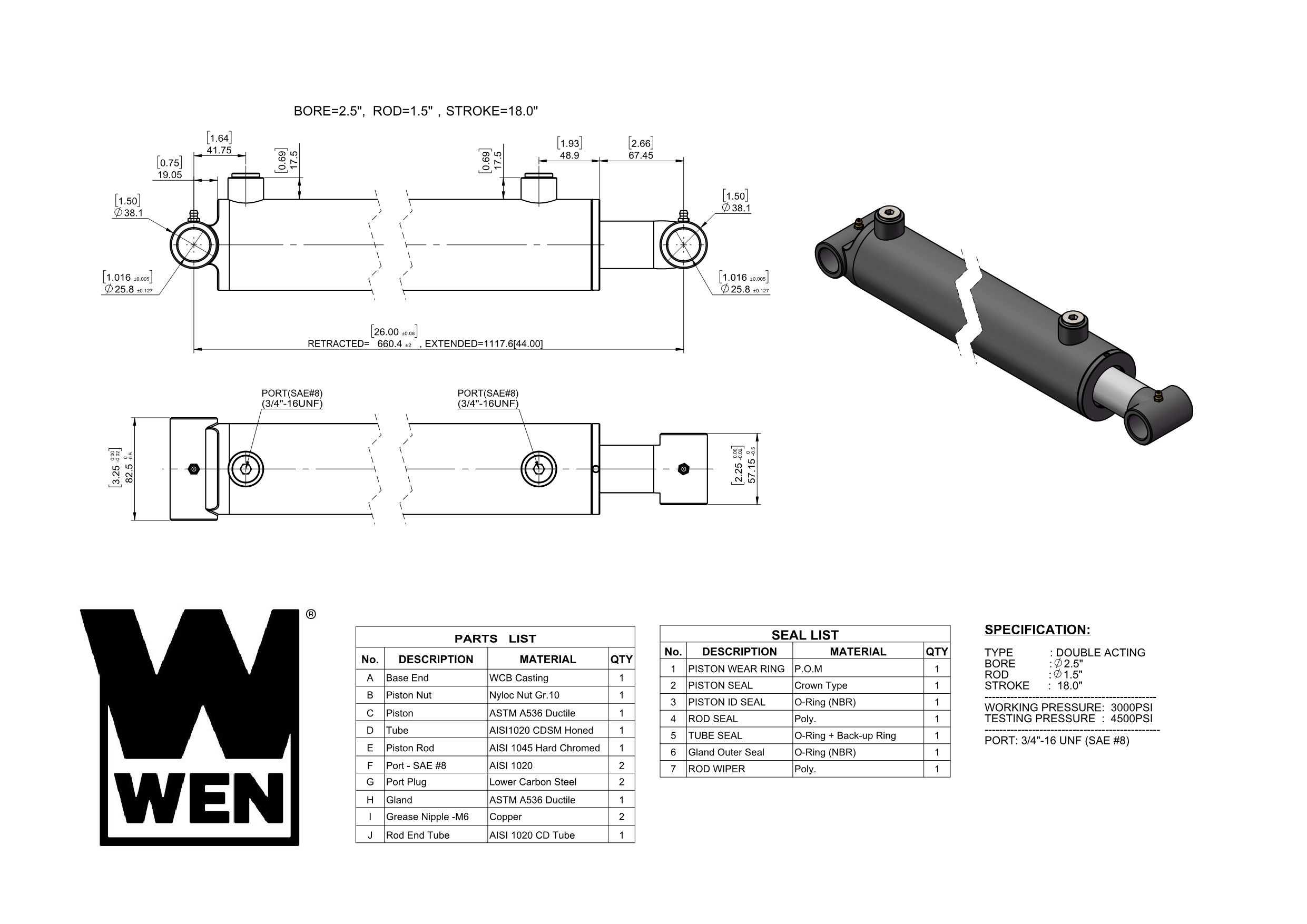 WEN Cross Tube Hydraulic Cylinder with 2.5-inch Bore and 18-inch Stroke